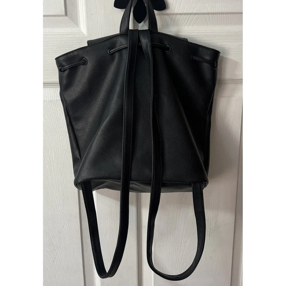Victoria Secret Black Faux Leather Backpack Tote Bag Snap Close With Drawstring